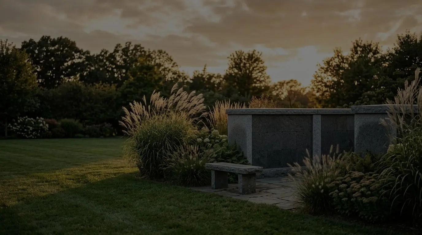 Granite columbarium in a memorial garden framed by ornamental grasses at golden hour