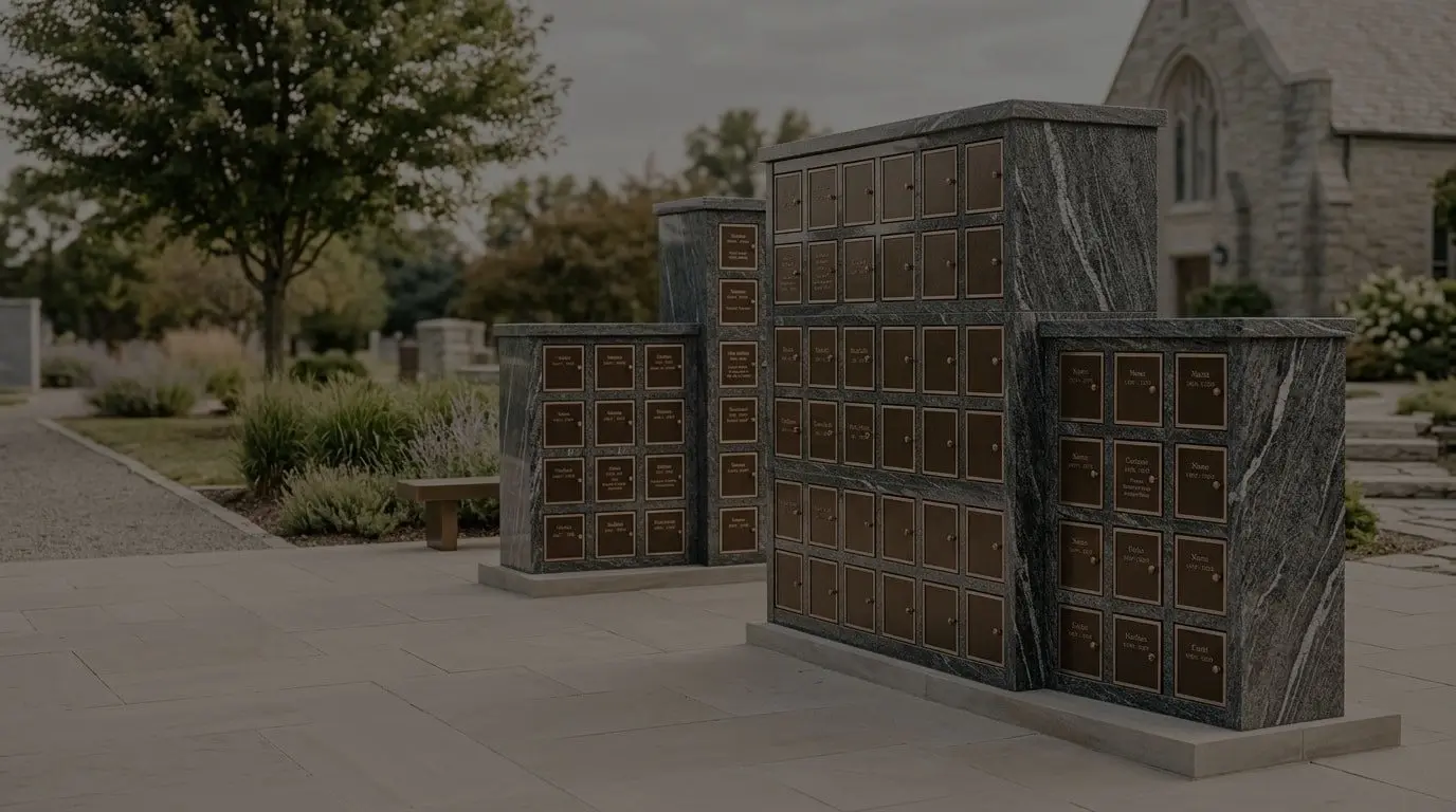 Polished granite columbarium niche units with bronze door plates displayed on a stone plaza