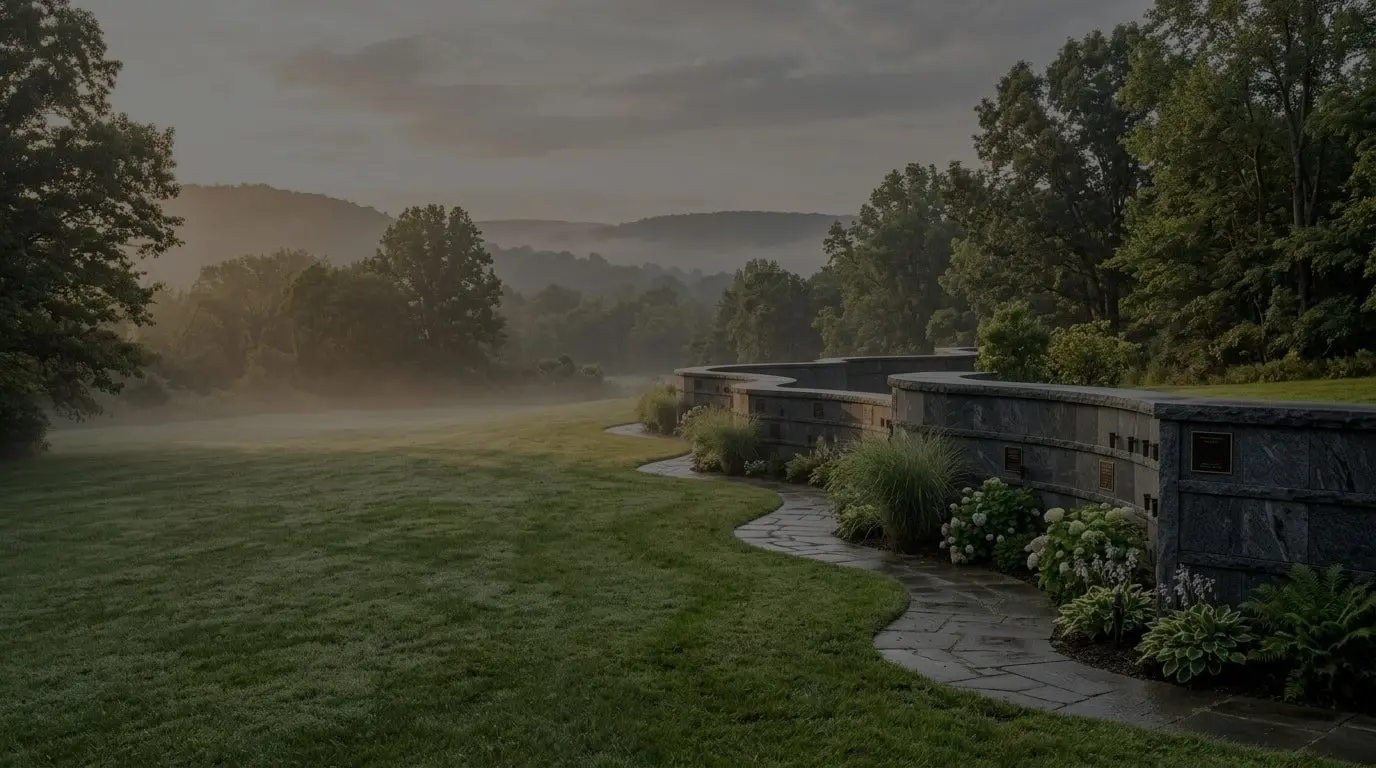 Low granite columbarium wall curving through a California memorial garden at dawn