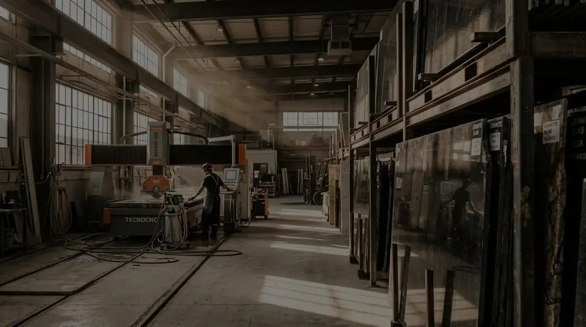 Granite slabs on steel racks inside the Memoria Columbaria stone fabrication workshop