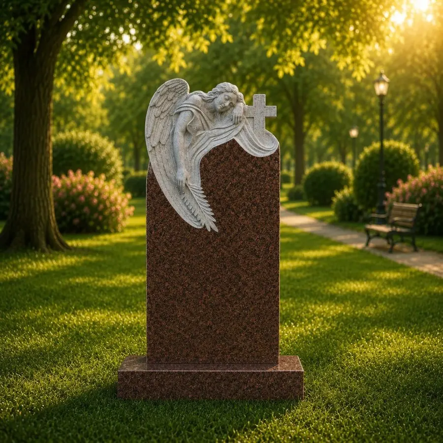 Angel and Cross Shape Granite Headstone 24 x 3 x 48