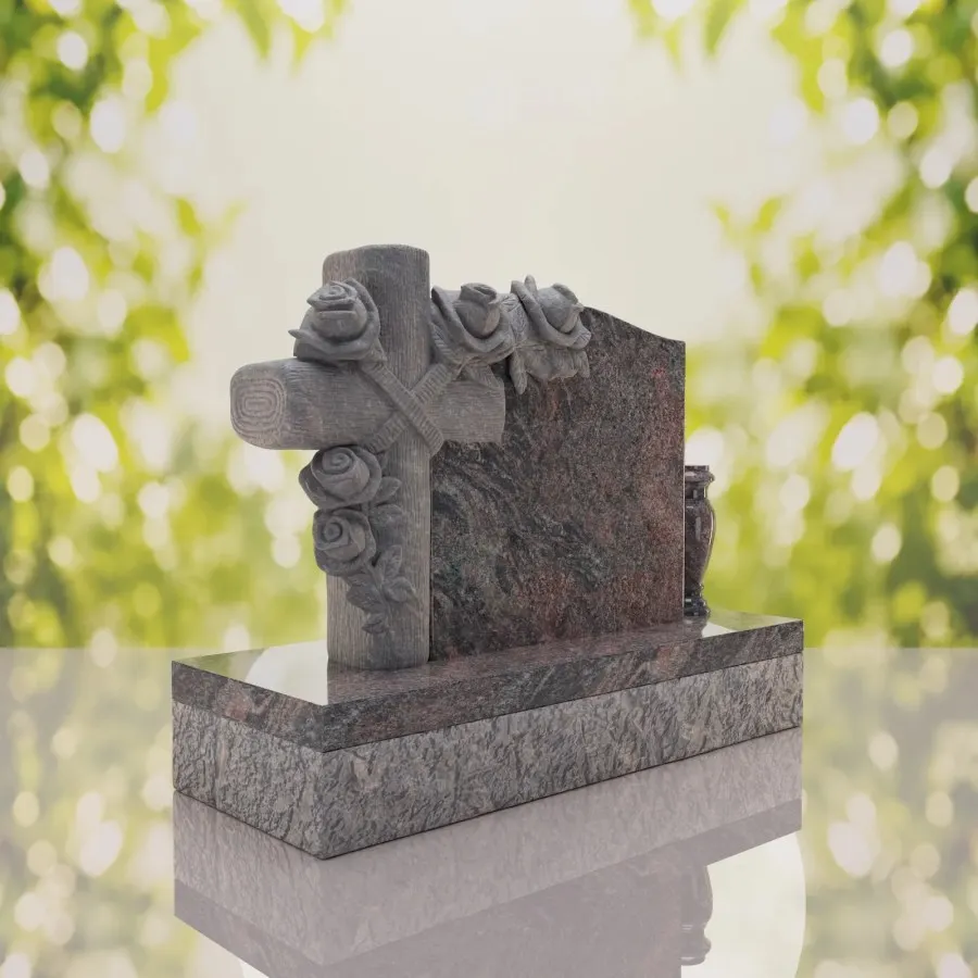 Carved Cross Upright Headstone with Rose Detail view 4