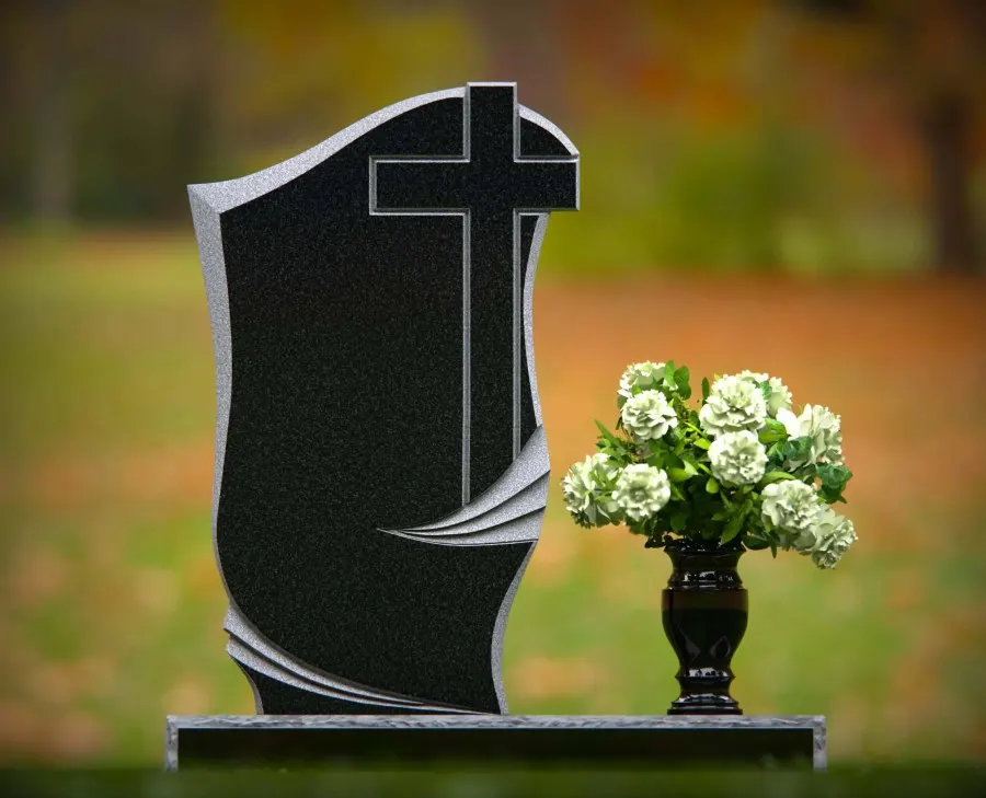 Christian Cross Shape Granite Headstone with Flowing Drape