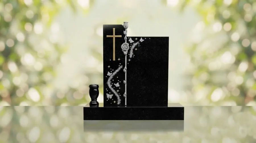 Upright Granite Headstone with Rose Column & Butterfly Wreath view 2