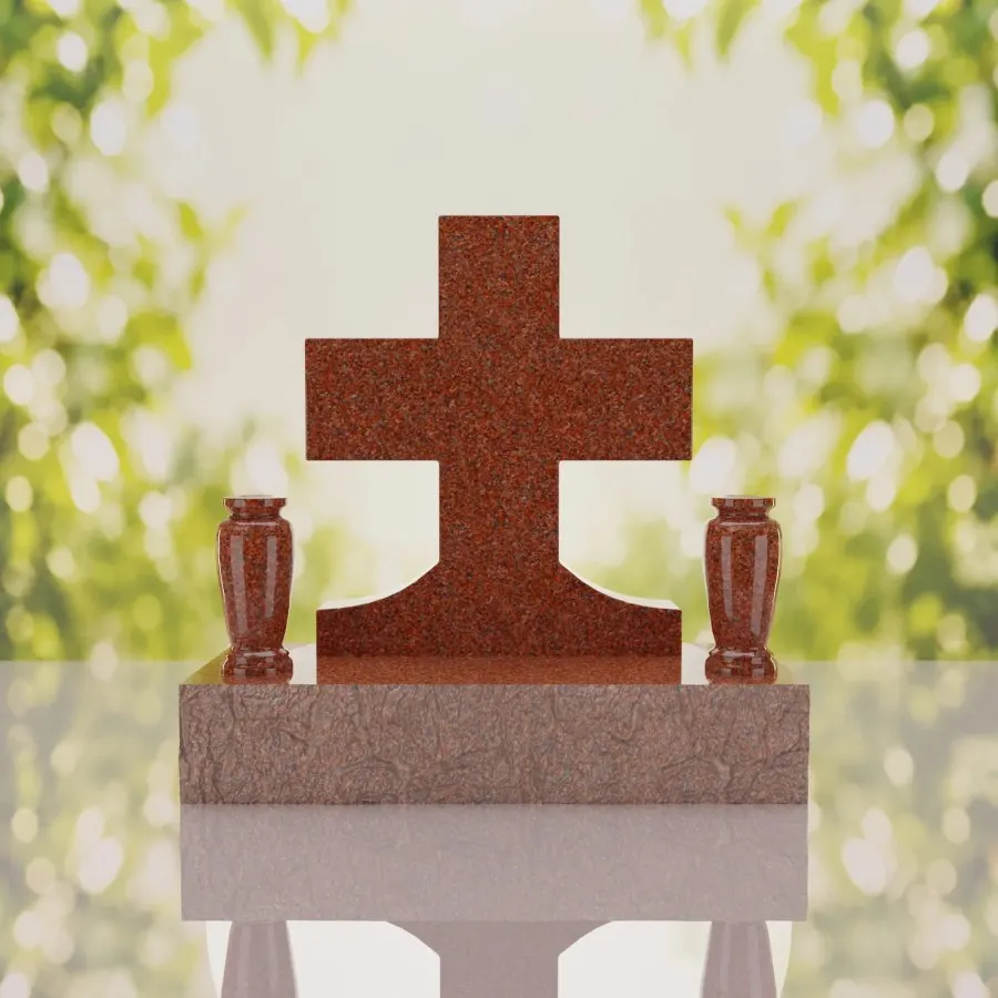 Classic Cross Granite Headstone with Dual Vases view 2