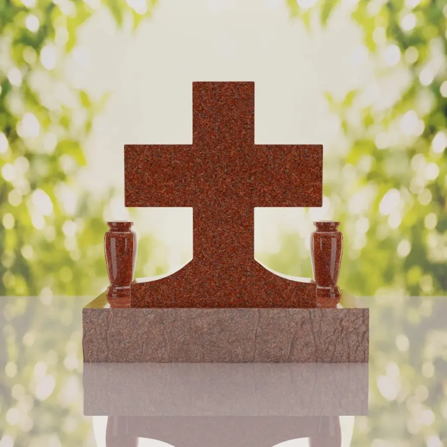 Classic Cross Granite Headstone with Dual Vases view 3