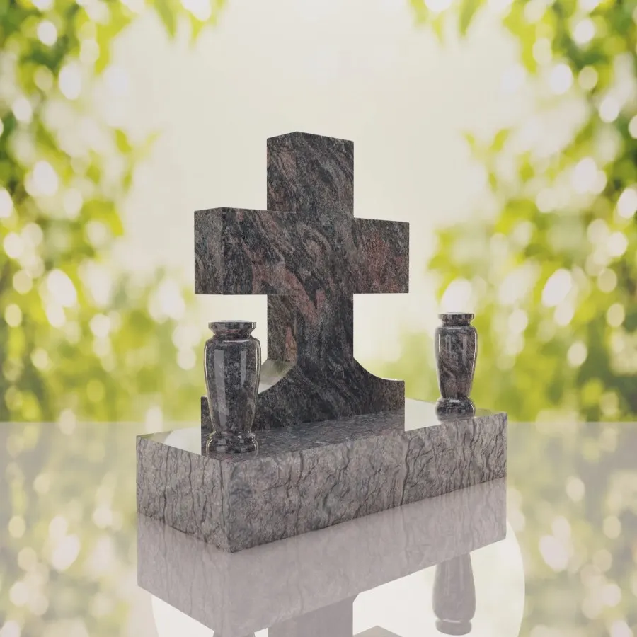 Classic Cross Granite Headstone with Dual Vases view 4