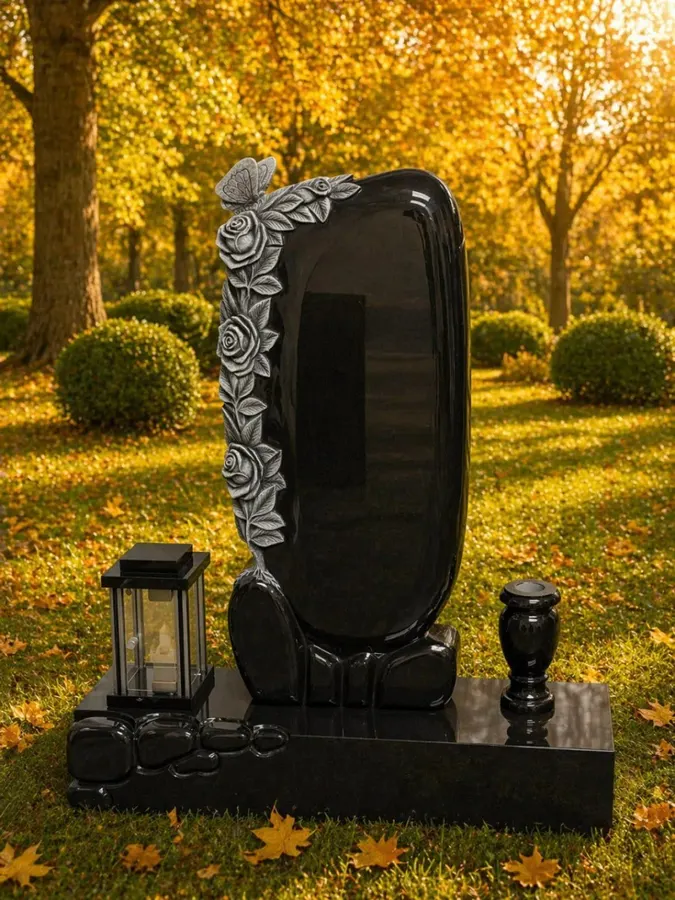 Elegant Upright Headstone with Roses & Butterfly