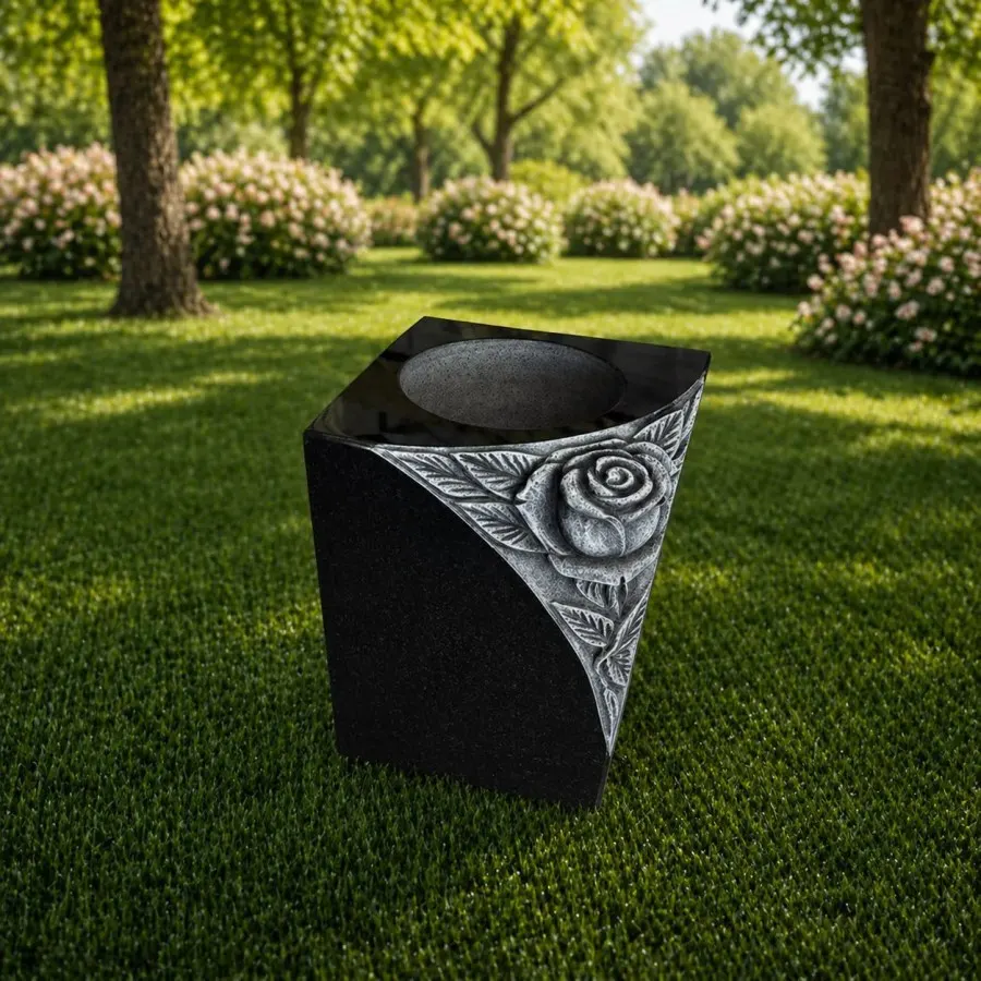 Corner Rose Relief Granite Memorial Vase
