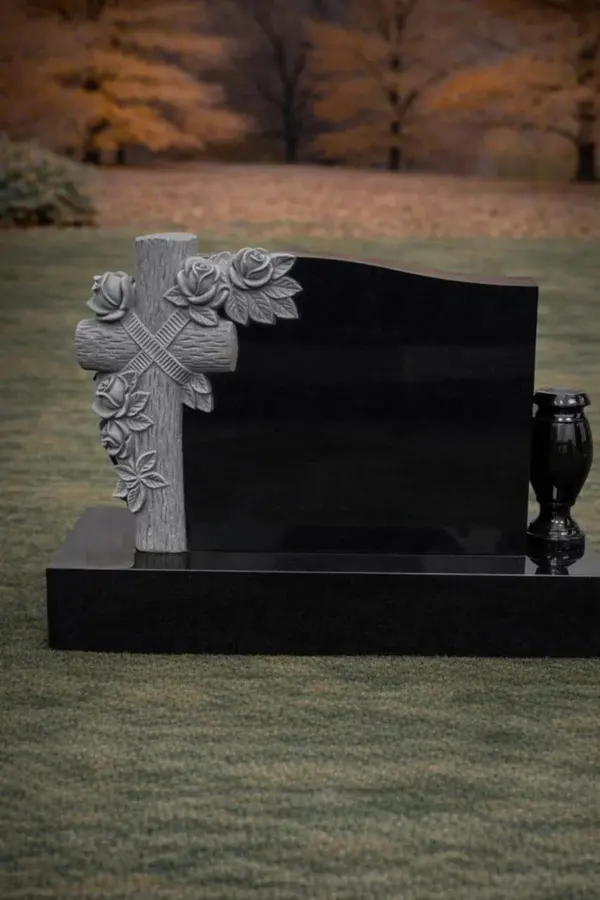 Granite Upright Headstone with Cross and Roses (cross roses granite headstone)