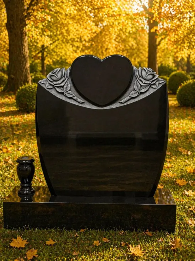 Heart & Roses Upright Granite Headstone