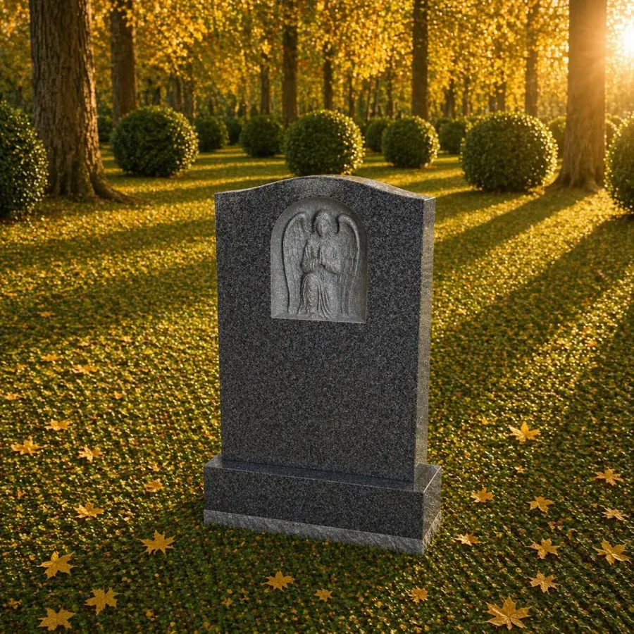 Praying Angel Relief Upright Granite Headstone (heart shape companion upright headstone)