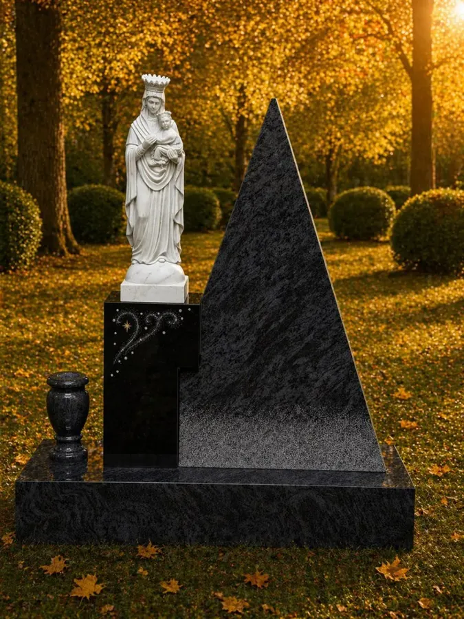 Modern Upright Headstone with Madonna Statue