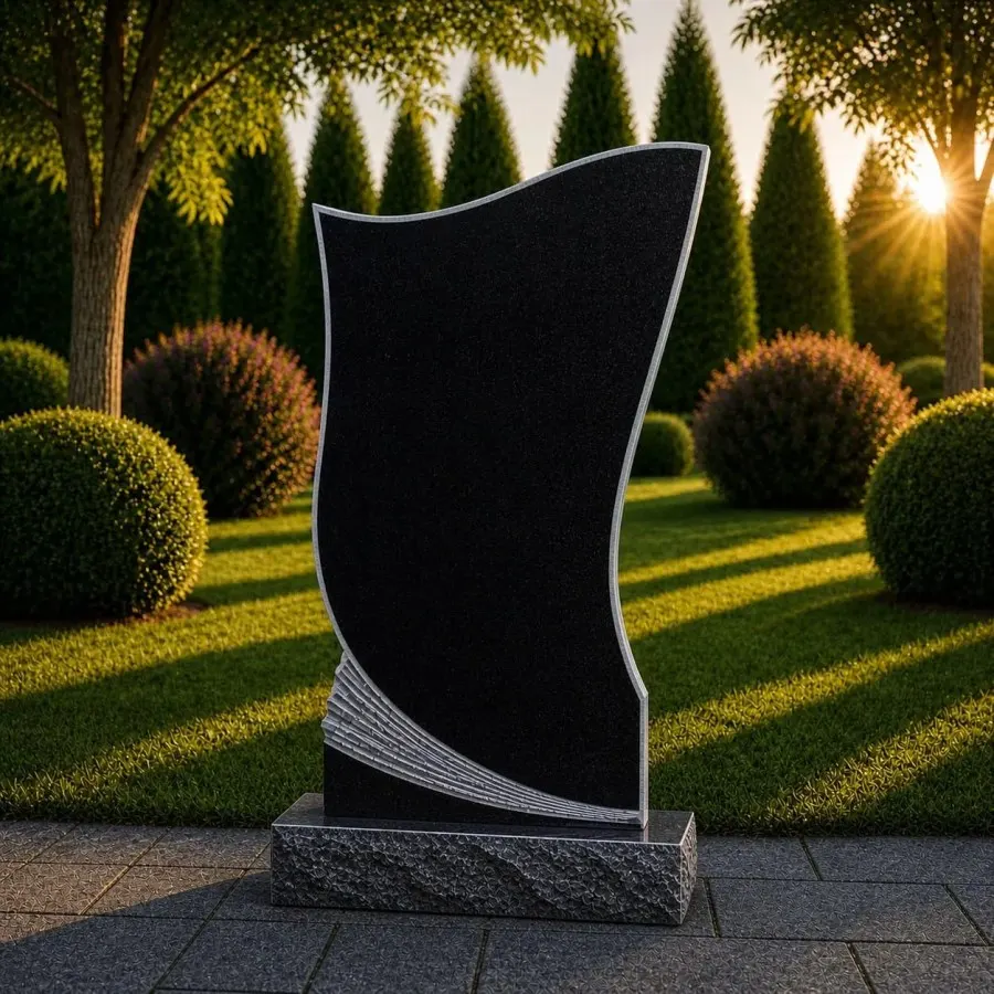 Modern Wave-Edge Upright Granite Headstone
