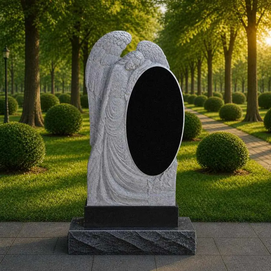 Angel Embrace Oval Granite Headstone