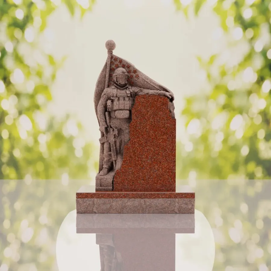 Patriotic Soldier Granite Memorial Headstone view 2