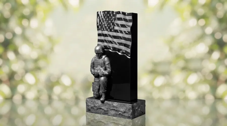 Patriotic Soldier with Flag Upright Granite Headstone view 2