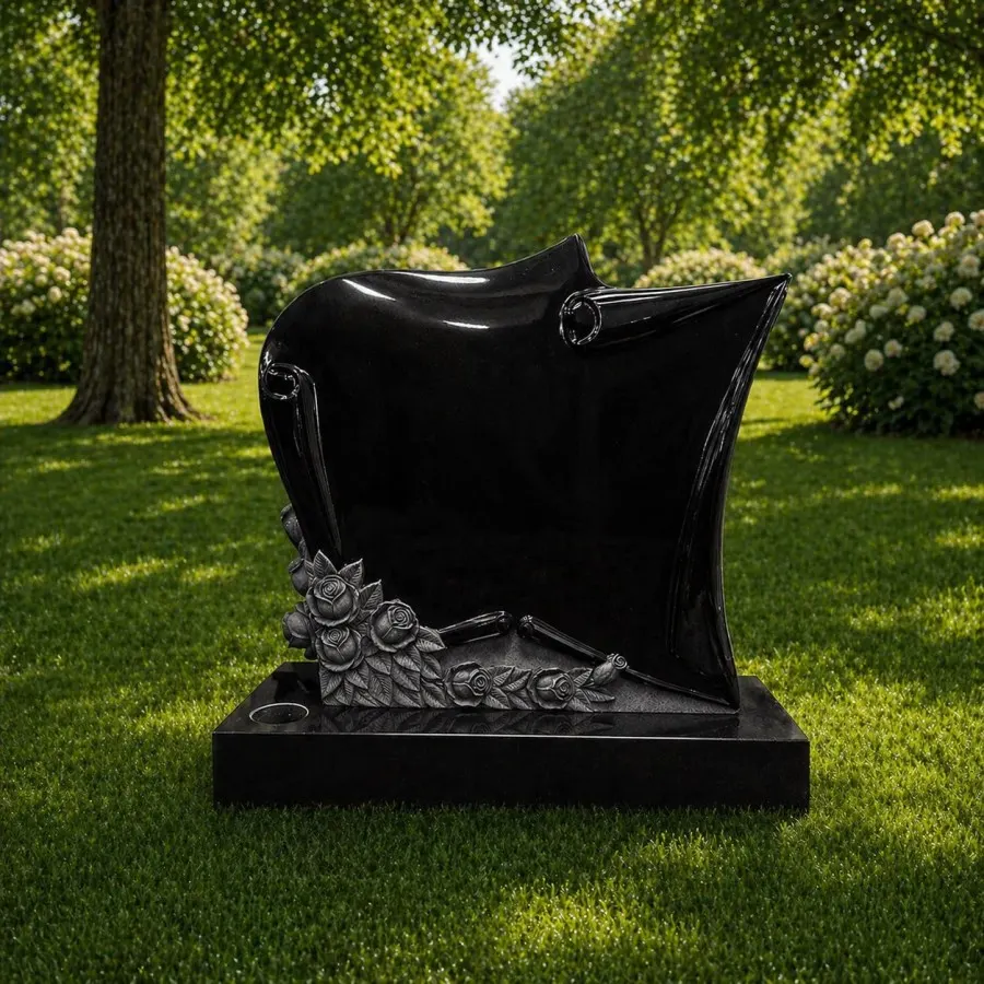 Scroll Top Upright Granite Headstone with Rose Carving