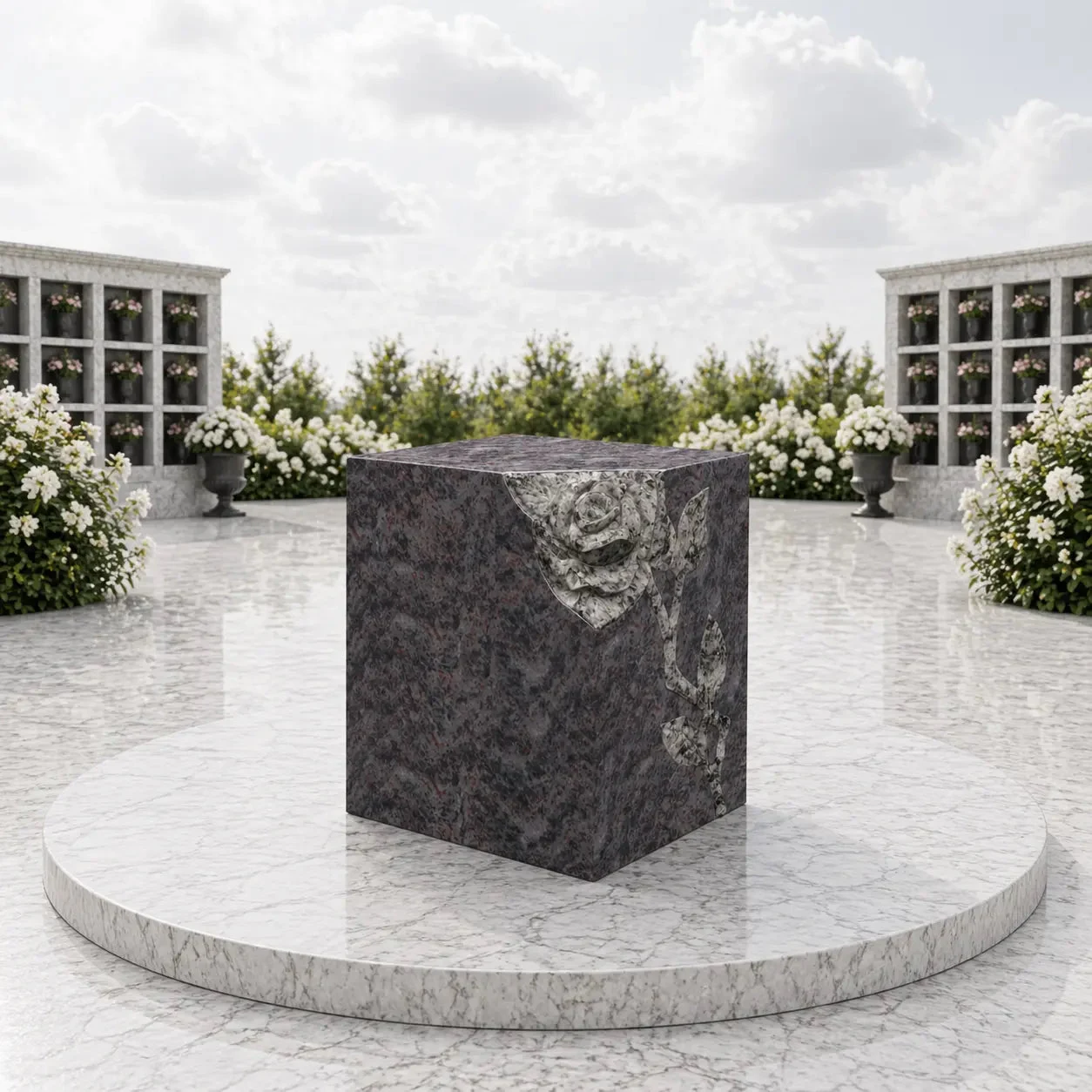 Square Granite Cremation Urn with Rose Relief