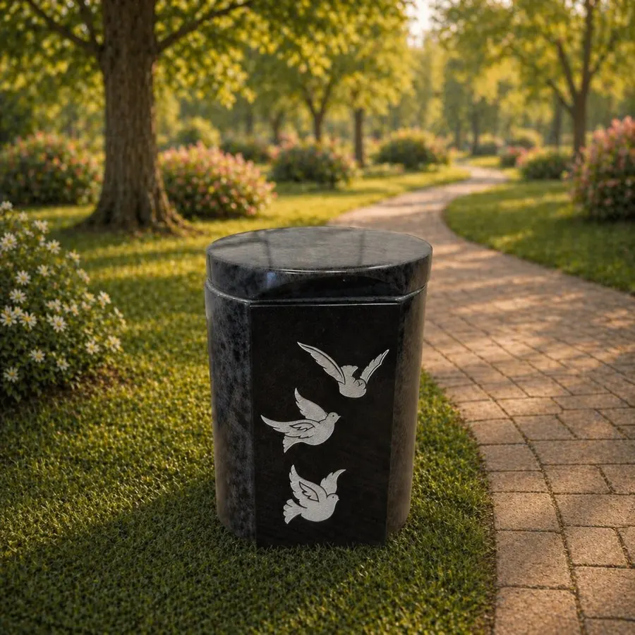 Three Doves Round Granite Cremation Urn