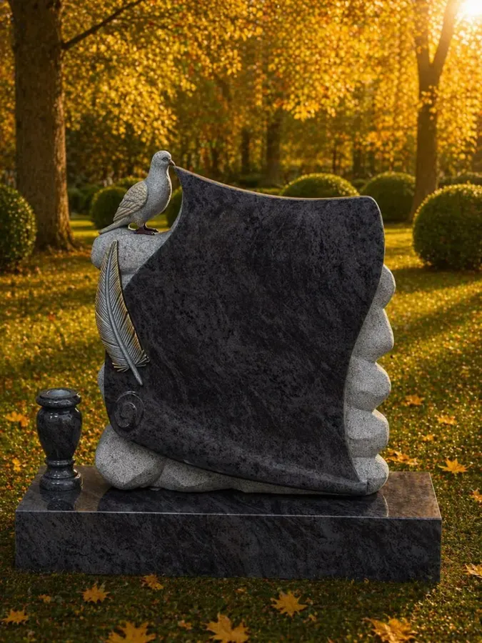 Upright Headstone with Dove and Feather Design