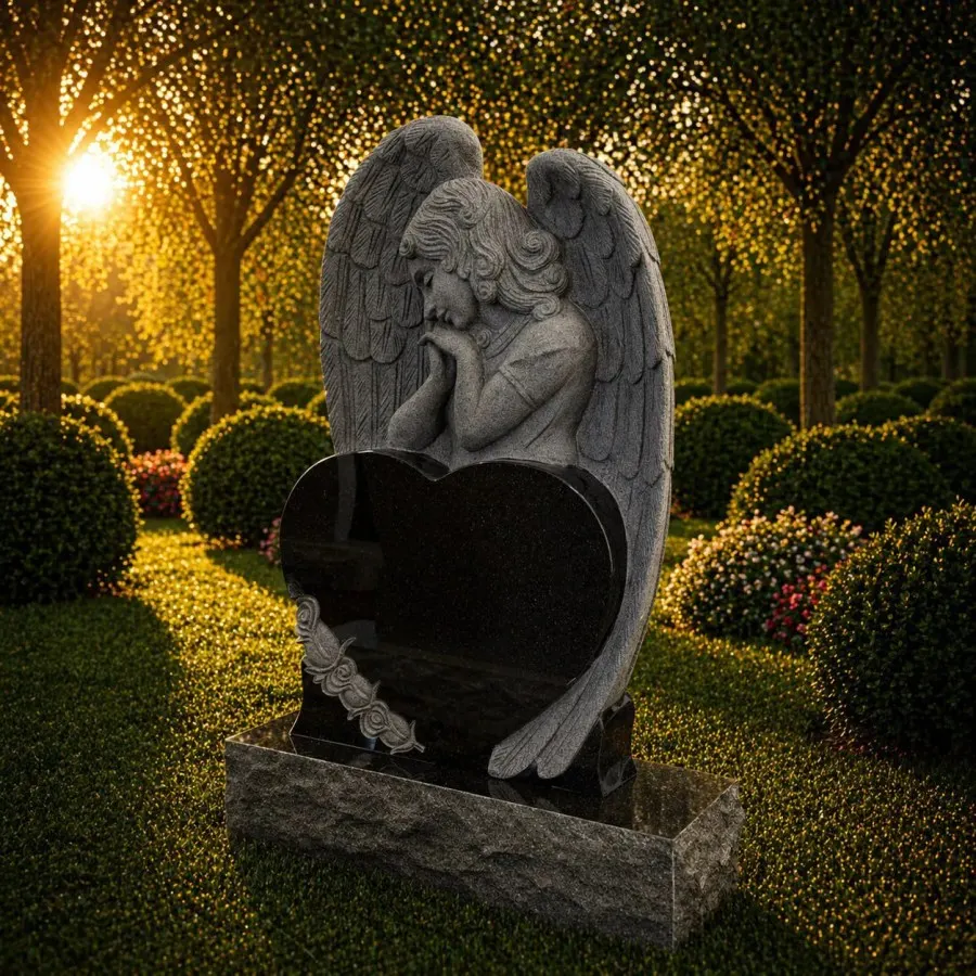 Praying Angel Heart Shape Granite Headstone