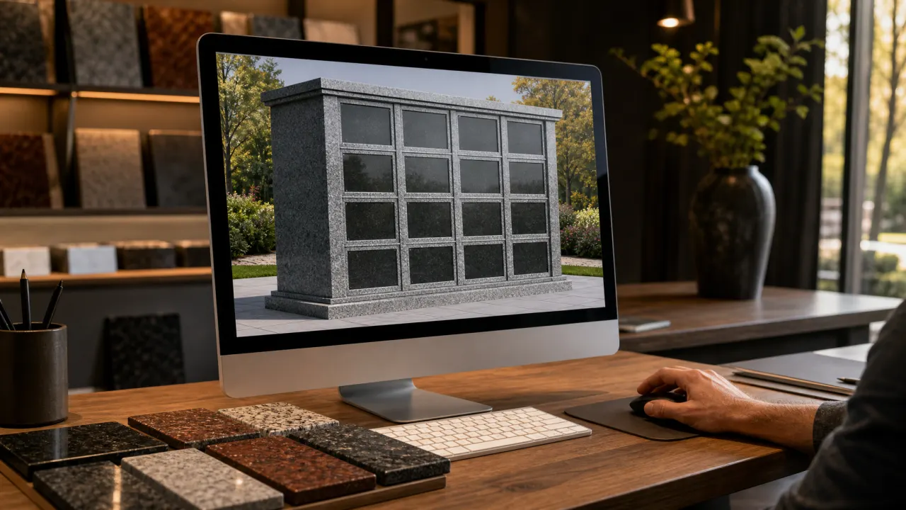 Monitor showing a 3D render of a granite columbarium next to granite color samples on a design desk