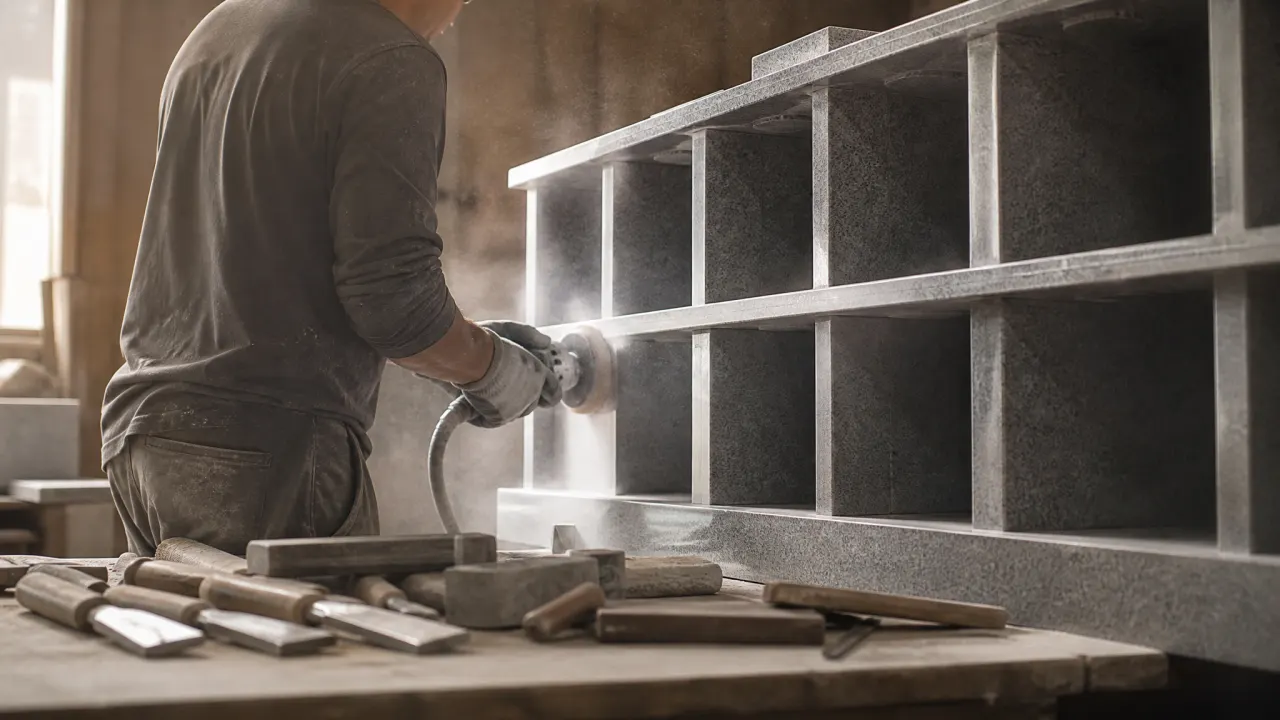 Stonemason shaping a gray granite columbarium with niche compartments in the Memoria Columbaria workshop