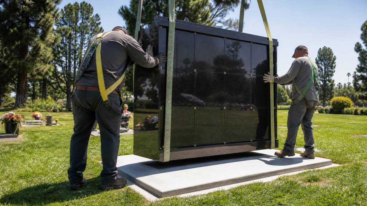 Installation crew setting a polished granite columbarium panel onto a concrete pad at a California cemetery