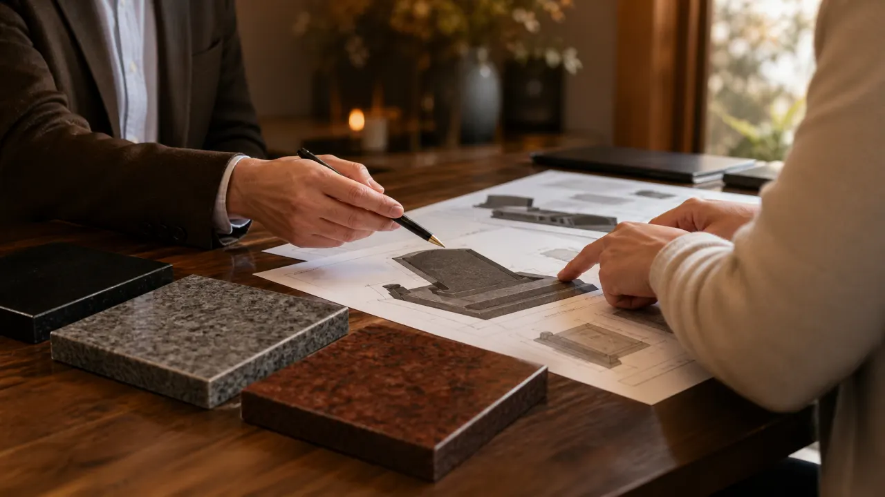 Consultant and client reviewing granite monument drawings and granite color samples at a wooden table
